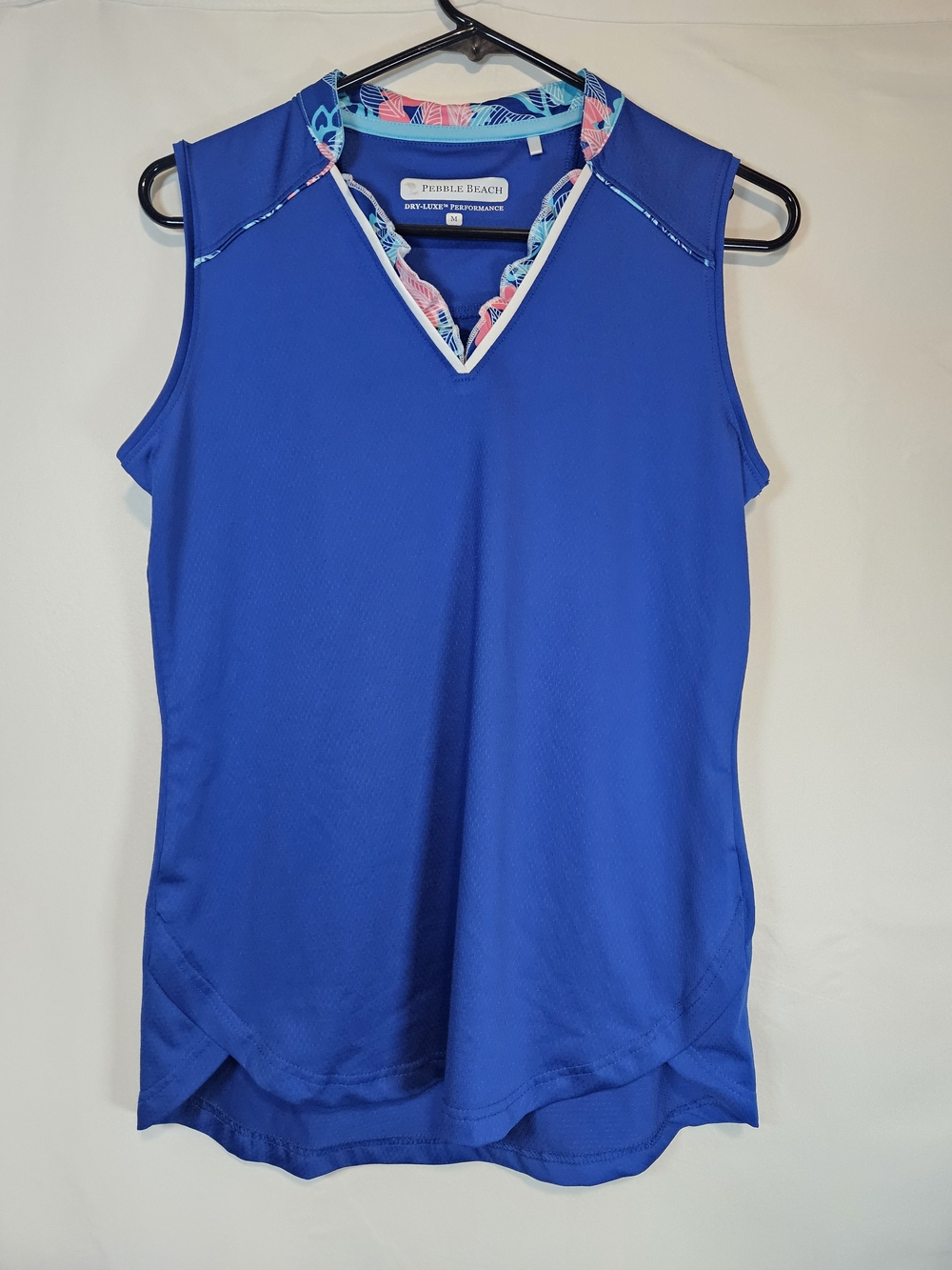 Pebble Beach Blue Sleeveless V-Neck Golf Tank with Printed Trim